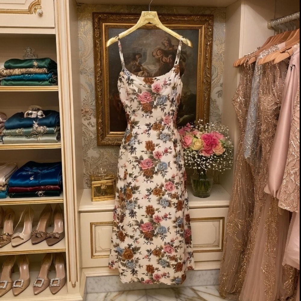 Spaghetti corset Floral tapestry Print A line midi Dress S